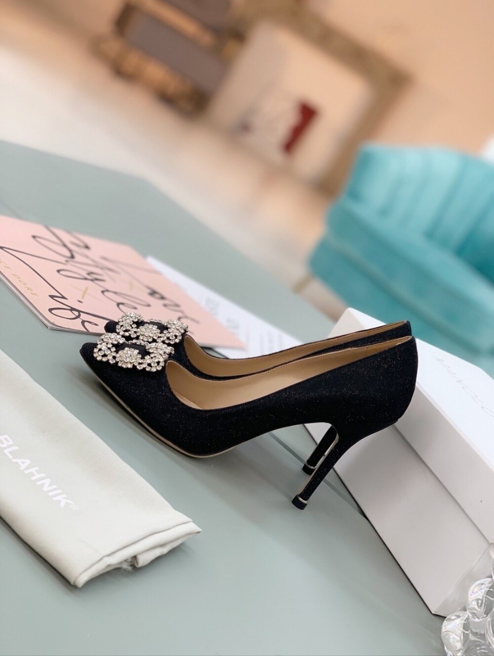 Manolo Blahnik Square Crystal Buckle Black High Heels - Picture 2 of 6